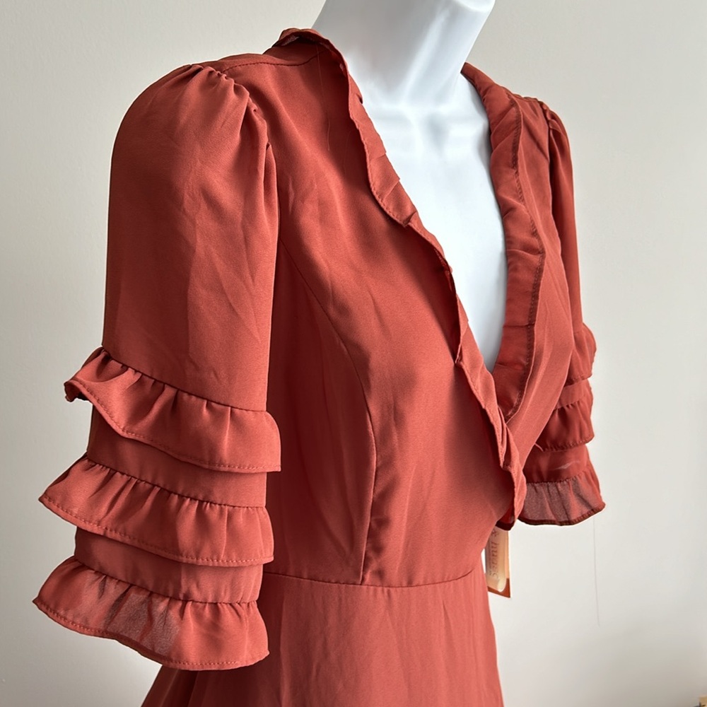 Rust Ruffle Wrap Midi Dress - Women - Picture 3 of 8